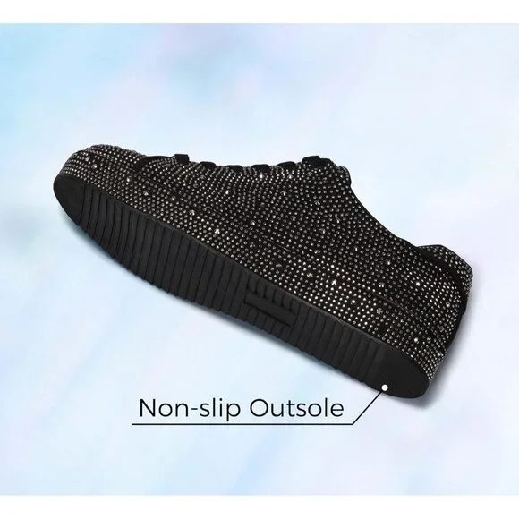 Women's Black Pewter Rhinestone Fashion Glitter Sneakers Sparkly Shiny Shoes - Picture 5 of 9